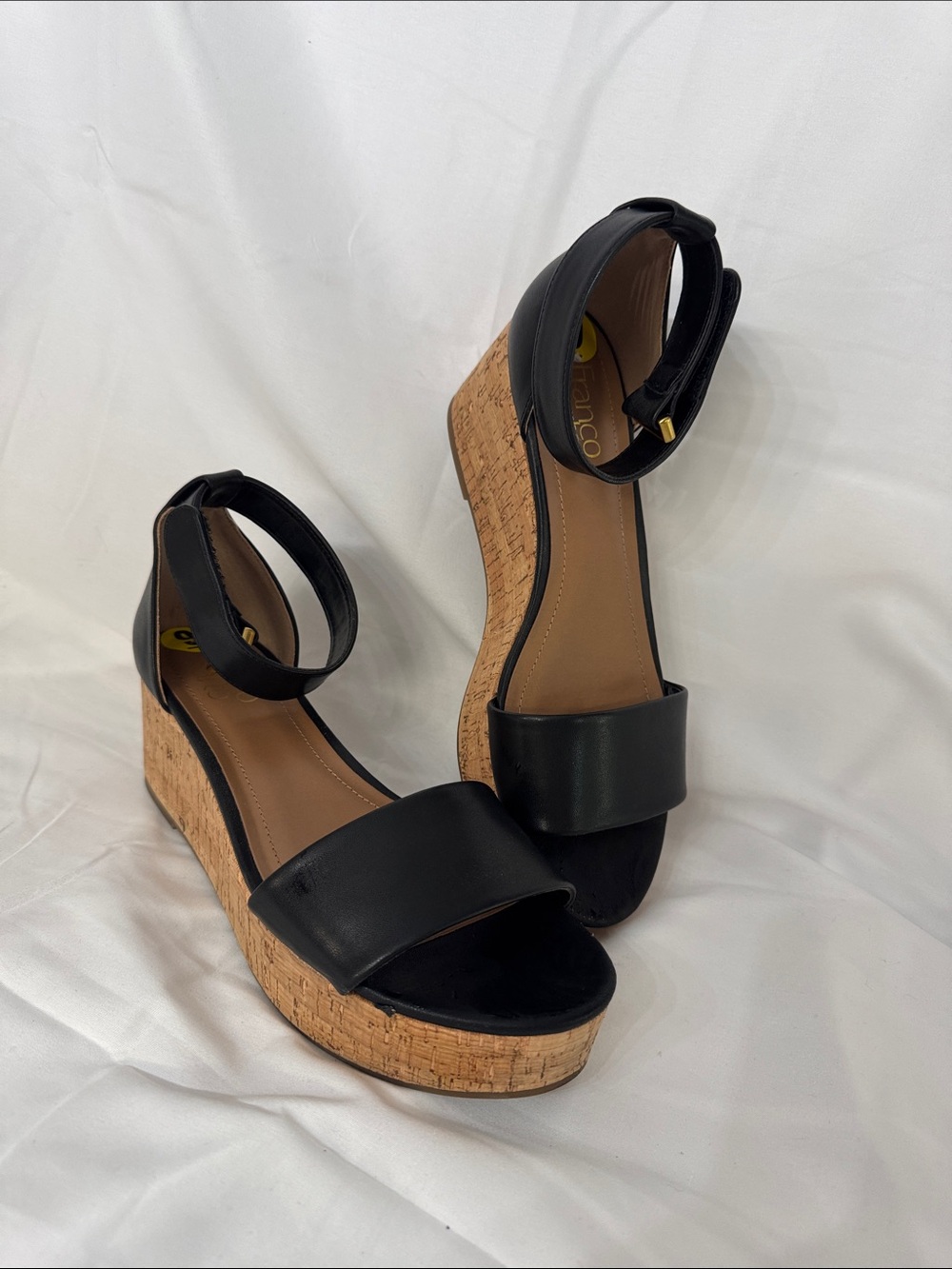 Franco Sarto Black Leather Cork Wedge Sandals with Velcro Ankle Strap
